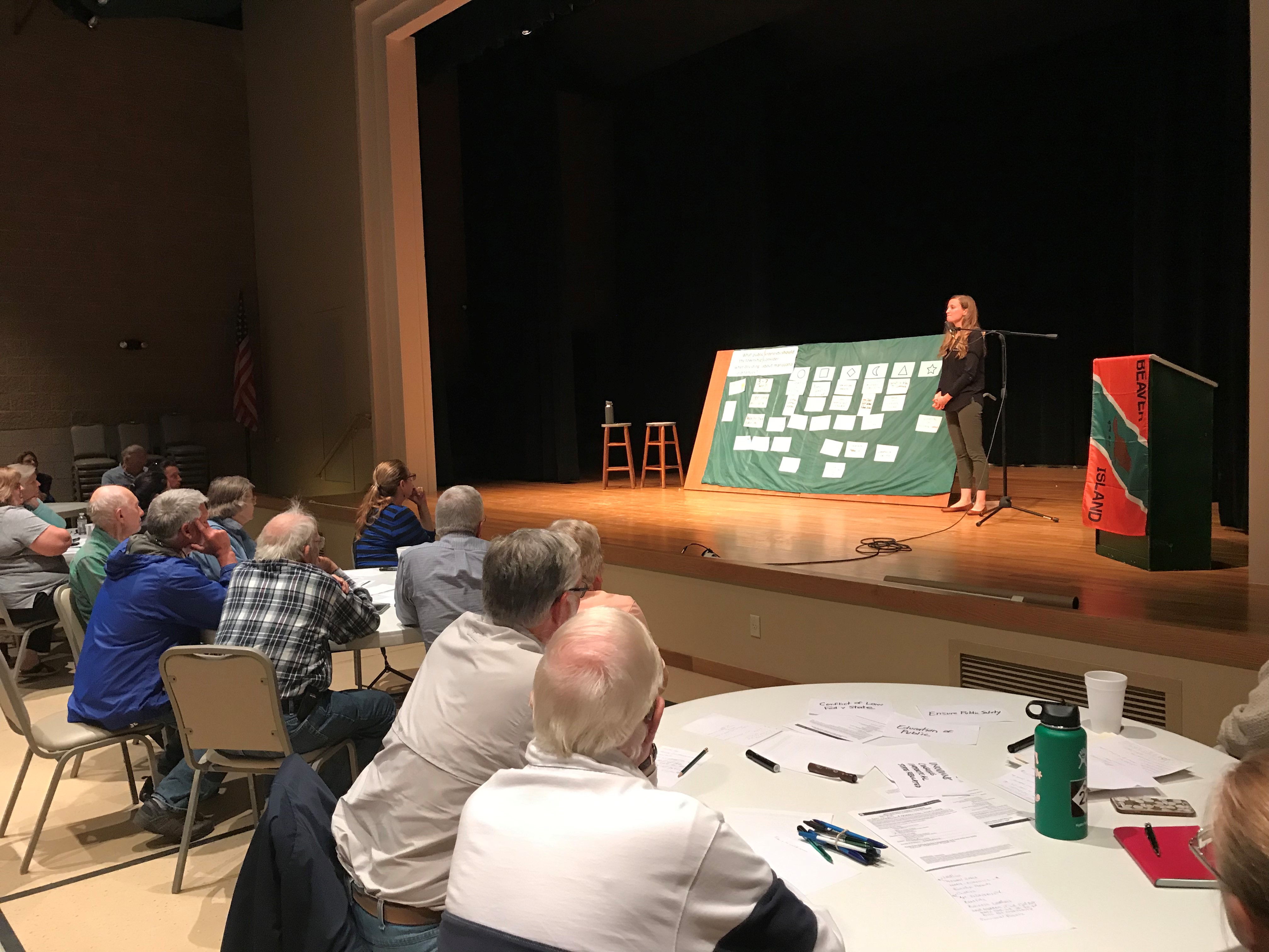 MSU Extension educator leading facilitative leadership workshop on stage in front of group participants.